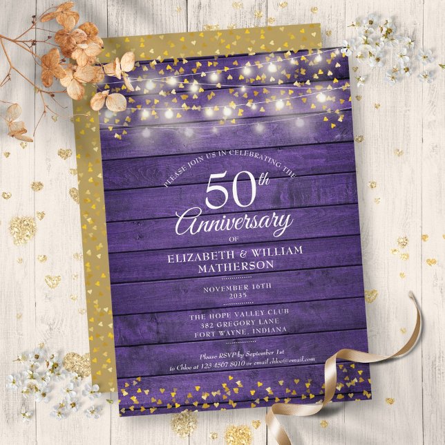 50-årsjubileum Guldhjärtans Strängljus Trä Inbjudningar (50th Anniversary Gold Hearts String Lights Wood Invitation)