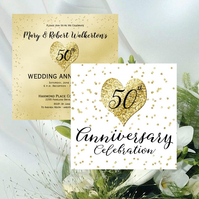 50-årsjubileum Guldkonfettibryllop Inbjudningar (50th Anniversary Gold Confetti Wedding Invitation)
