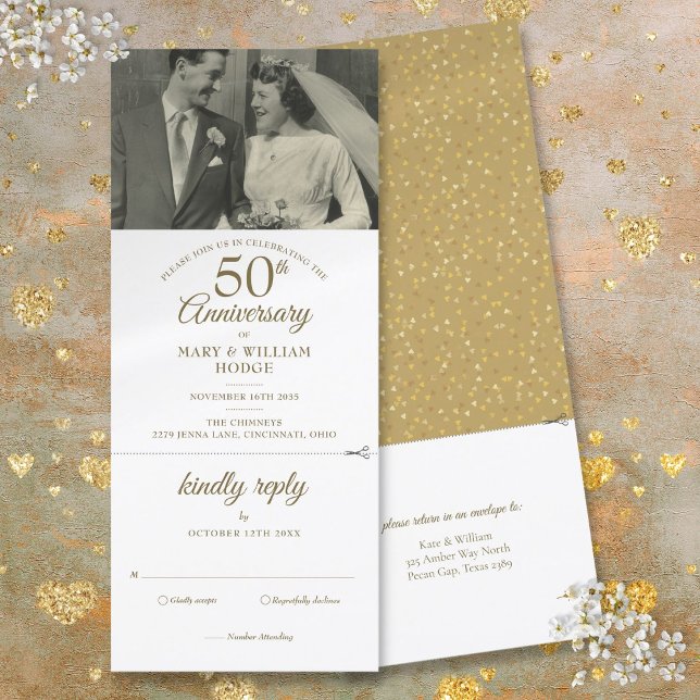 50-årsjubileum Hjärtkonfetti Bröllopsfoto RSVP Inbjudningar (50th Anniversary Heart Confetti Wedding Photo RSVP Invitation)