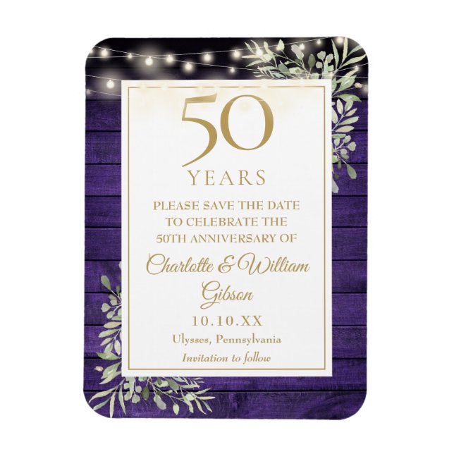 50-årsjubileum Lila Trä Spara Datum Magnet (Vertikal)