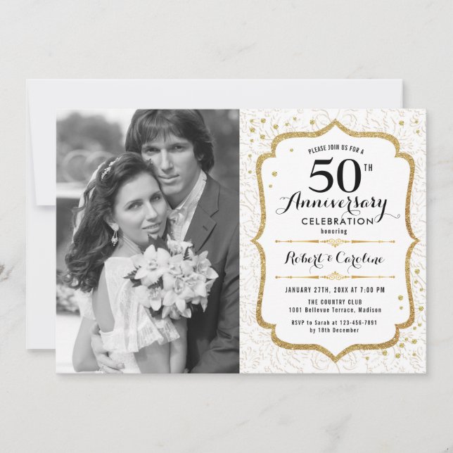 50-årsjubileum med foto - Elegant guld vit Inbjudningar (Framsida)
