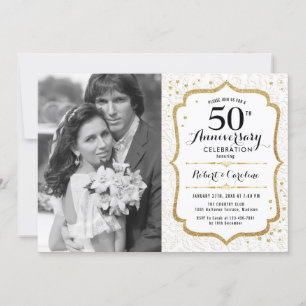 50-årsjubileum med foto - Elegant guld vitt Inbjudningar