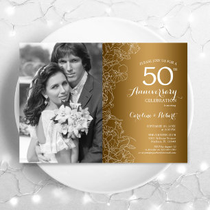 50-årsjubileum med foto - Guld Vit Blomma Inbjudningar