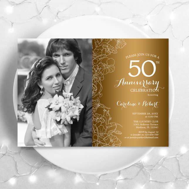 50-årsjubileum med foto - Guld Vit Blomma Inbjudningar (Skapare uppladdad)