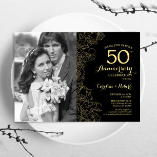 50-årsjubileum med foto - Svart Guld Blommig Inbjudningar