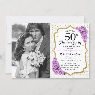 50-årsjubileum med foto - Vit guld lila Inbjudningar