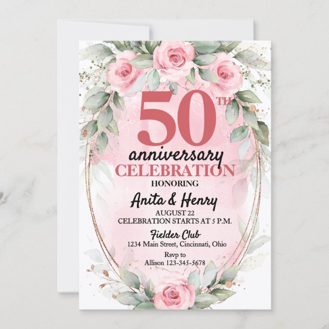 50-årsjubileum Mjuk Rosa & Sålgröna Rosor Inbjudningar (Framsida)