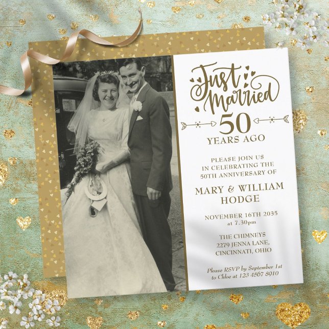 50-årsjubileum Nyss Gift Bröllopsfoto Kvadrat Inbjudningar (50th Anniversary Just Married Wedding Photo Square Invitation)