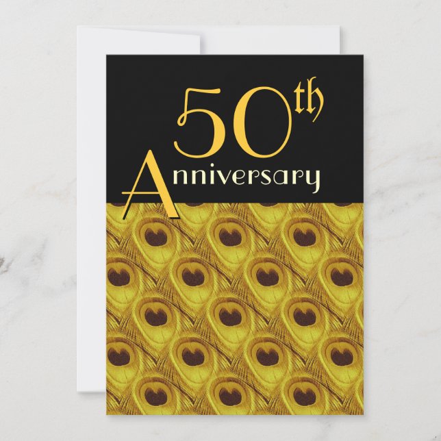 50-årsjubileum Påfågelsfjädrar Guld Inbjudningar (Framsida)
