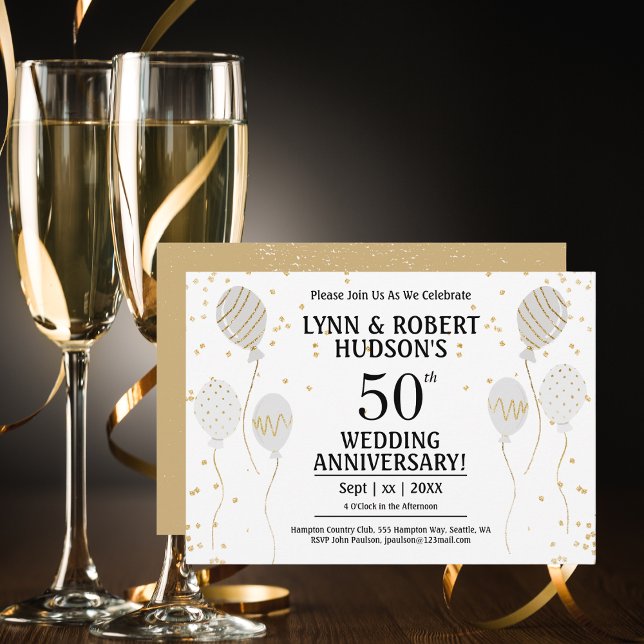 50-årsjubileum Party Elegant Guld Inbjudningar (50th Wedding Anniversary, Gold and White Invitation)
