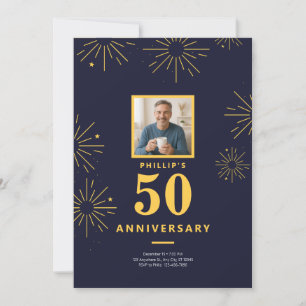 50-årsjubileum Party marinblå Guld-fyrverkerier Inbjudningar