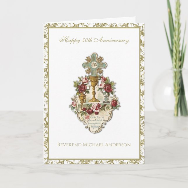 50-årsjubileum Präst Elegant Kalk Floral Kort (Framsida)