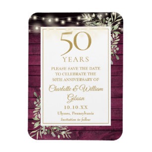 50-årsjubileum Röd Rustik Trä Spara Datum Magnet