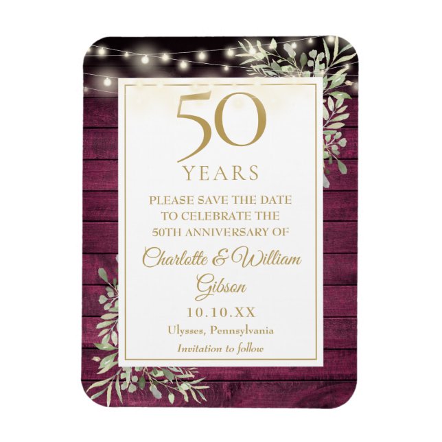 50-årsjubileum Röd Rustik Trä Spara Datum Magnet (Vertikal)