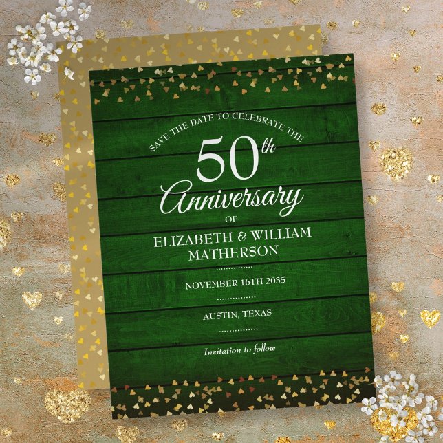 50-årsjubileum Rustik Guldhjärtan Spara Datum  Vykort (50th Anniversary Rustic Save the Date Gold Hearts Postcard)