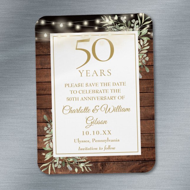 50-årsjubileum Rustik Trä Spara Datum Magnet (50th Anniversary Rustic Wood Save The Date Magnet)