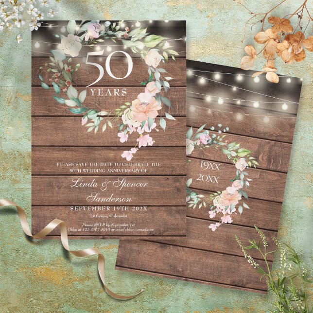 50-årsjubileum Rustika strängljus med blomsterdeko Spara Datumet (Skapare uppladdad)