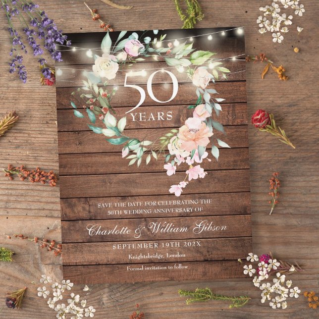 50-årsjubileum Spara Blommigten Date Rustic Meddelande Vykort (50th Anniversary Save the Date Rustic Floral Announcement Postcard)