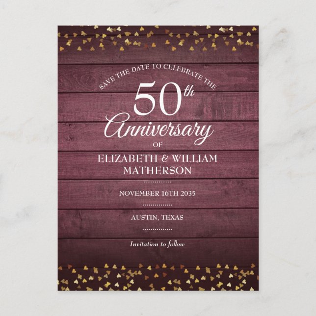 50-årsjubileum Spara datumet Guldhjärtan Rustik  Vykort (Framsida)