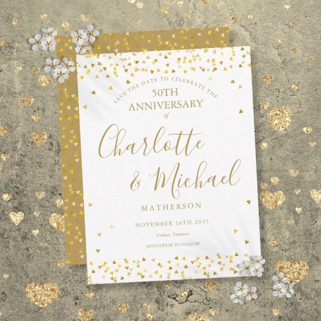 50-årsjubileum Spara Guld Hearts-skriptet Meddelande Vykort (50th Anniversary Save the Date Gold Hearts Script Announcement Postcard)