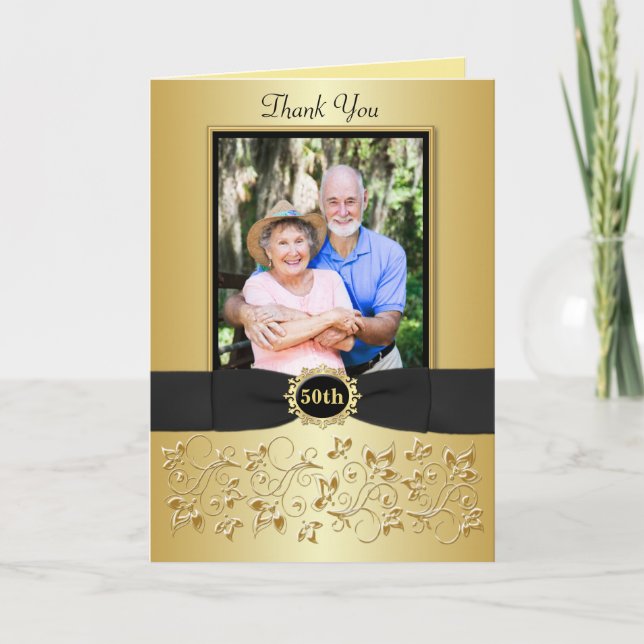 50-årsjubileum Svart Guld Blommig Tacksamhetskort Tack Kort (Framsida)