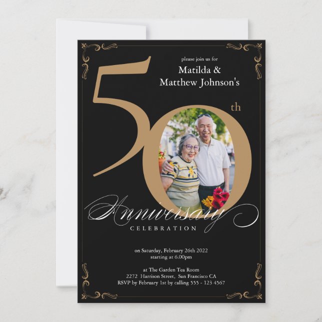 50-årsjubileum Svart Guld Kalligrafi Foto Inbjudningar (Framsida)