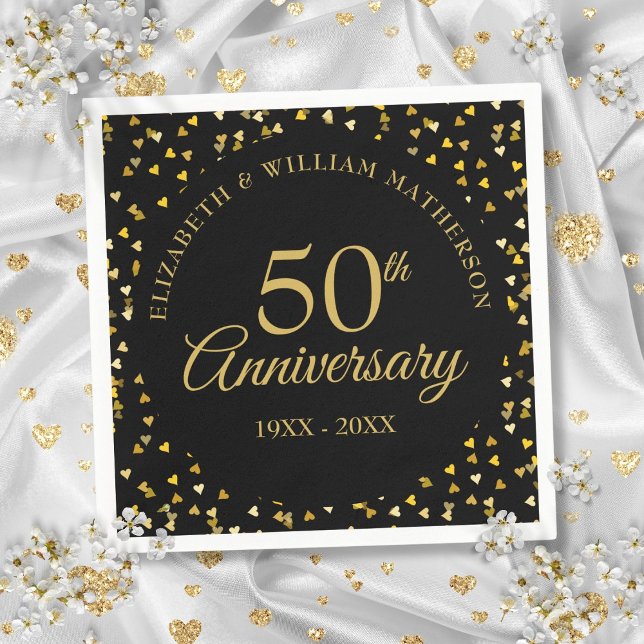 50-årsjubileum Svart Guld Kärlekshjärta Konfetti Pappersservett (50th Anniversary Black Gold Love Hearts Confetti Napkins)