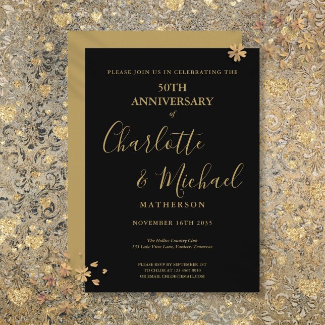 50-årsjubileum Svart Guld Signatur  Inbjudningar (50th Wedding Anniversary Black Gold Signature Invitation)