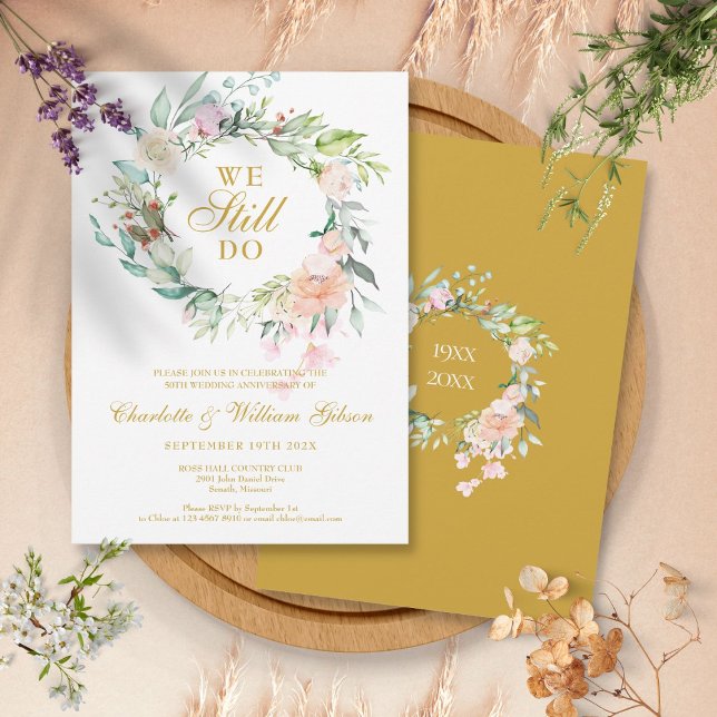 50-årsjubileum Vi gör fortfarande blomsterkrans Inbjudningar (50th Anniversary We Still Do Floral Garland Invitation)