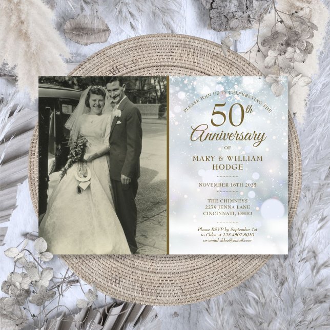 50-årsjubileum Vinter Snöflingor Bröllopsfoto Inbjudningar (50th Anniversary Winter Snowflakes Wedding Photo Invitation)