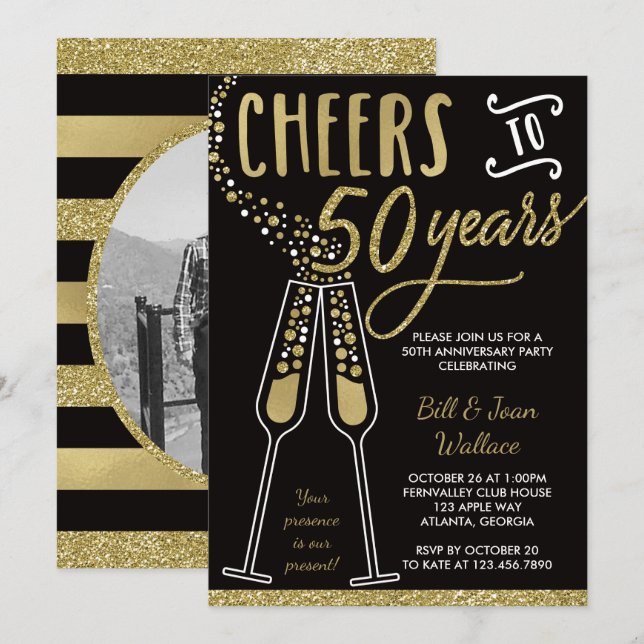 50-årsjubileums inbjudan, falskt glitter/folie inbjudningar (Fram/baksida)