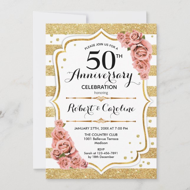 50-årsjubileums inbjudan - Guld Rosa Rosor (Framsida)