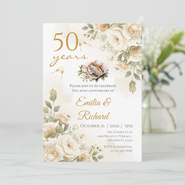 50-årsjubileums inbjudan med ringar och vit (Stående Fram)
