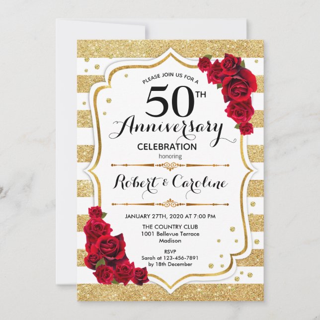 50-årsjubileums inbjudan - Vita röda rosor i guld (Framsida)