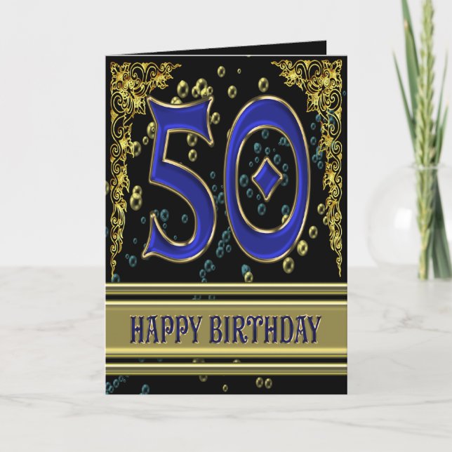 50-årskort med guld och bubblor kort (Framsida)