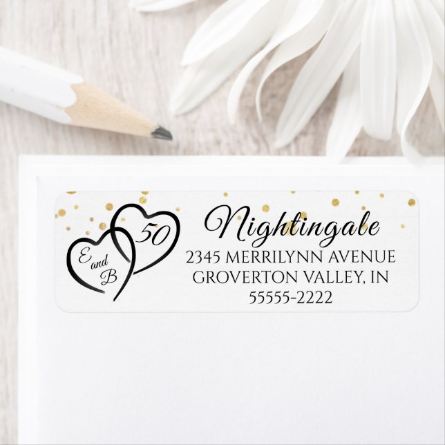 50-årsskript Hearts Monogram Initialer Returadress Etikett (Insitu)