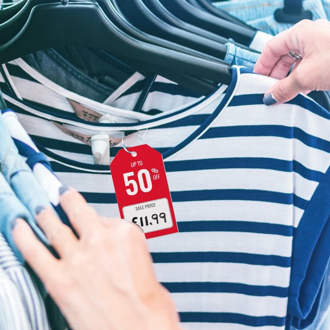 50 % av den Prisa Märkrn för röda försäljningsprod Presentetikett (50 Percent Off Red SALE Product Price Tag)