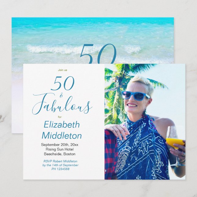 50 Beach Blue Modern Photo Typografi Inbjudningar (Fram/baksida)