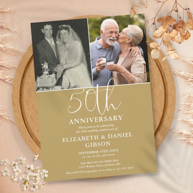 50 Bröllop-årsdagen då och nu 2 foto Inbjudningar (50th Wedding Anniversary Then And Now 2 Photo Invitation)
