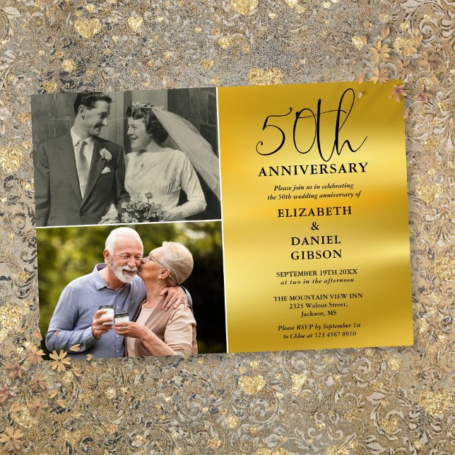 50 Bröllop-årsdagen då och nu 2 foto Inbjudningar (50th Wedding Anniversary Then And Now 2 Photo Invitation)