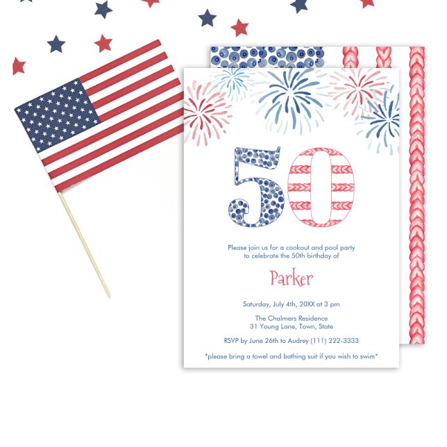 50-dagars bakgårdskorg: Röd, vit och blå Roligt Inbjudningar (A vibrant patriotic 50th birthday invitation with the number 50 in blue and white and red)