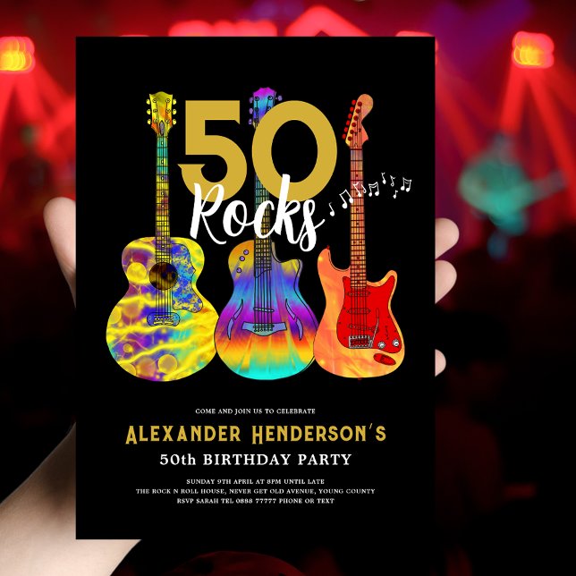 50-dagars inbjudan till rock and roll (50th birthday party invitation for him 50 rocks funky psychedelic guitar music black and gold )