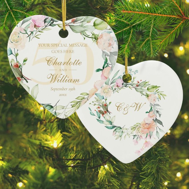 50:e årsdagen av Golden-Blommigten, Monogram Julgransprydnad Keramik (50th Golden Wedding Anniversary Floral Monogram Ceramic Ornament)