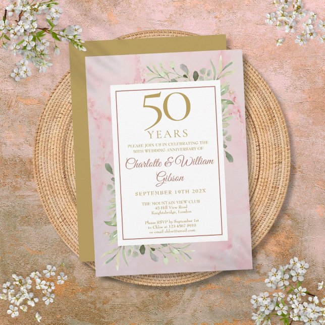 50:e årsdagen av Golden Bröllop-årsdagen Greenery Inbjudningar (50th Golden Wedding Anniversary Greenery Invitation)