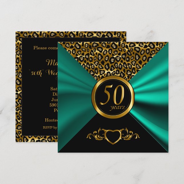 50:e årsdagen av Golden Bröllop | Leopard Mönster Inbjudningar (Fram/baksida)