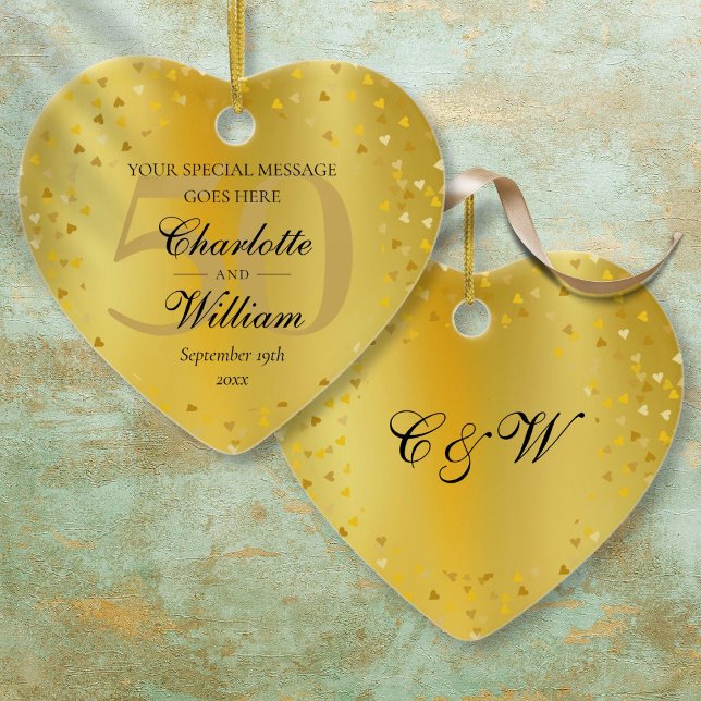 50:e årsdagen för Bröllop, Monogram Guld Hearts  Julgransprydnad Keramik (50th Wedding Anniversary Monogram Gold Hearts Ceramic Ornament)