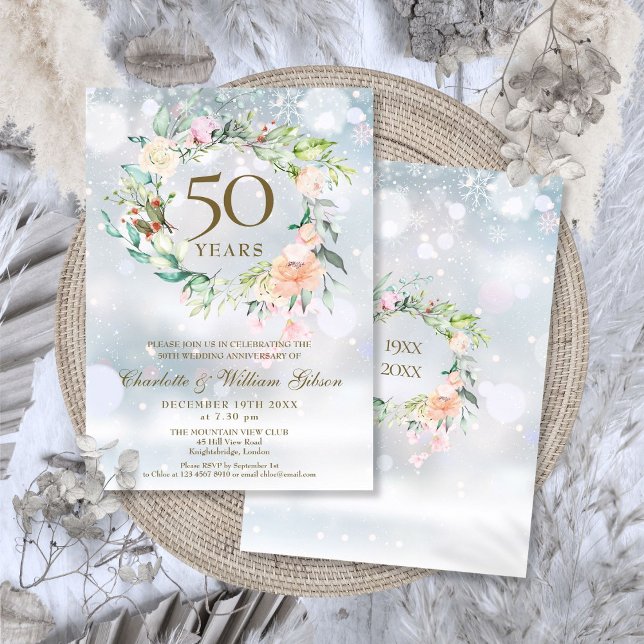 50:e årsdagen för Golden Bröllop-Blommigten Vinter Inbjudningar (50th Golden Wedding Anniversary Winter Floral Invitation)
