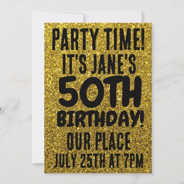 50:E BIRTHDAY GULD GLITTER ANPASSNINGSBAR INBJUDER INBJUDNINGAR (Framsida)