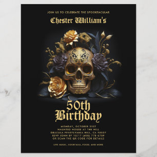 50:E BIRTHDAY GULD SKULL RO HALLOWEEN FEST REKLAMBLAD