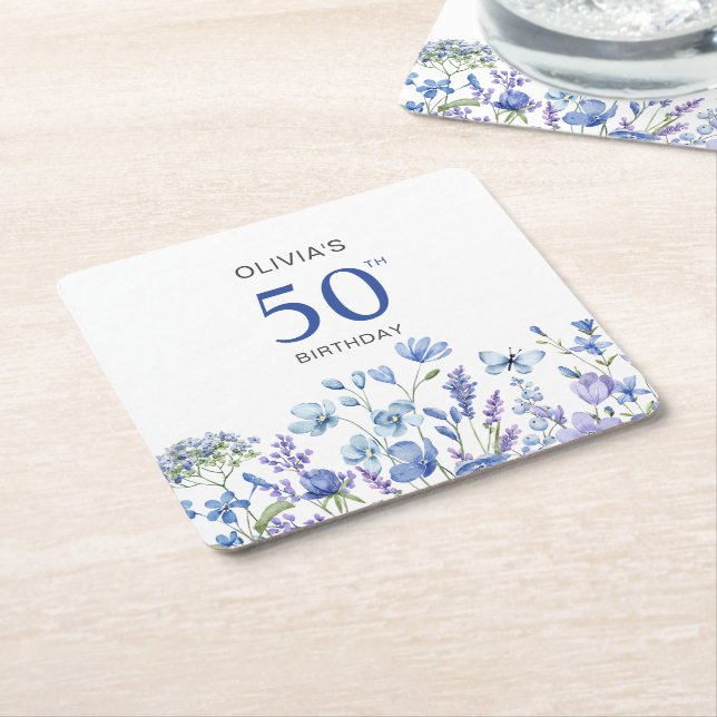 50:e blå Blommigten födelsedag Underlägg Papper Kvadrat (Vinklad)